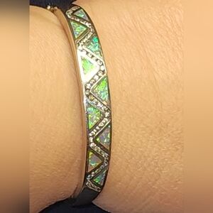 925 Sterling Silver Vintage Wave Of CZ &  Opal Bangle Bracelet